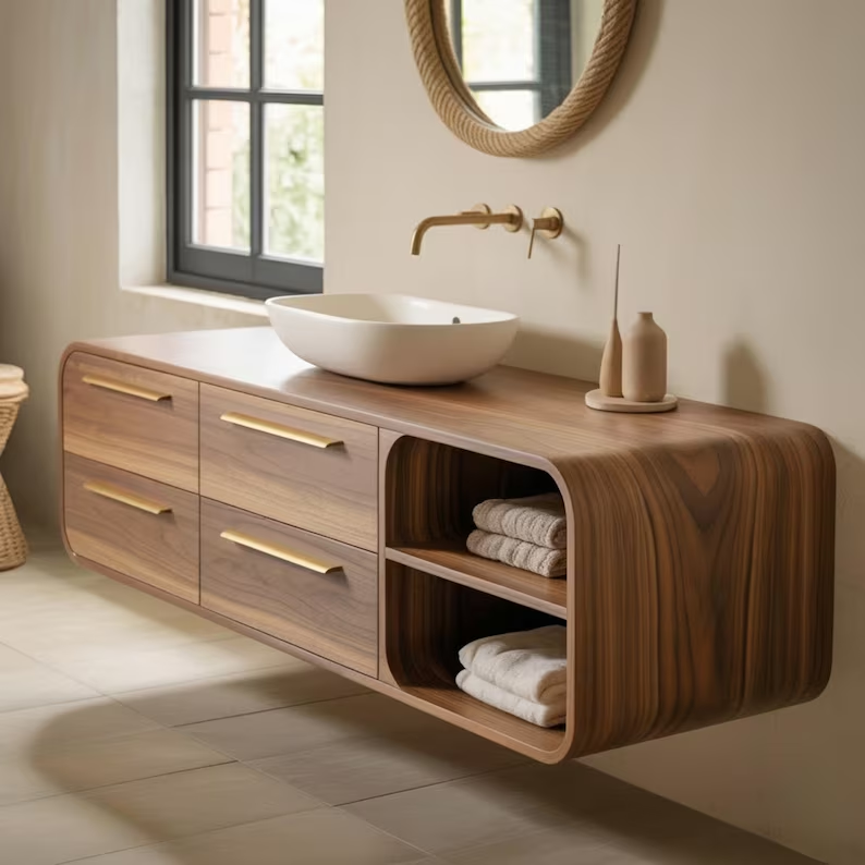 Handcrafted Solid Walnut Floating Vanity: Minimalist Gold Handle Bathroom Storage Lynnsnail