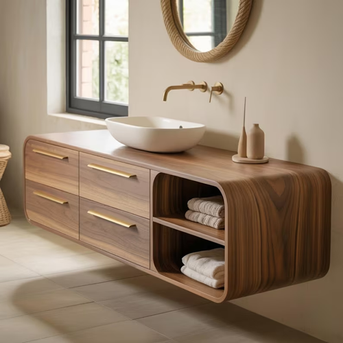 Handcrafted Solid Walnut Floating Vanity: Minimalist Gold Handle Bathroom Storage Lynnsnail