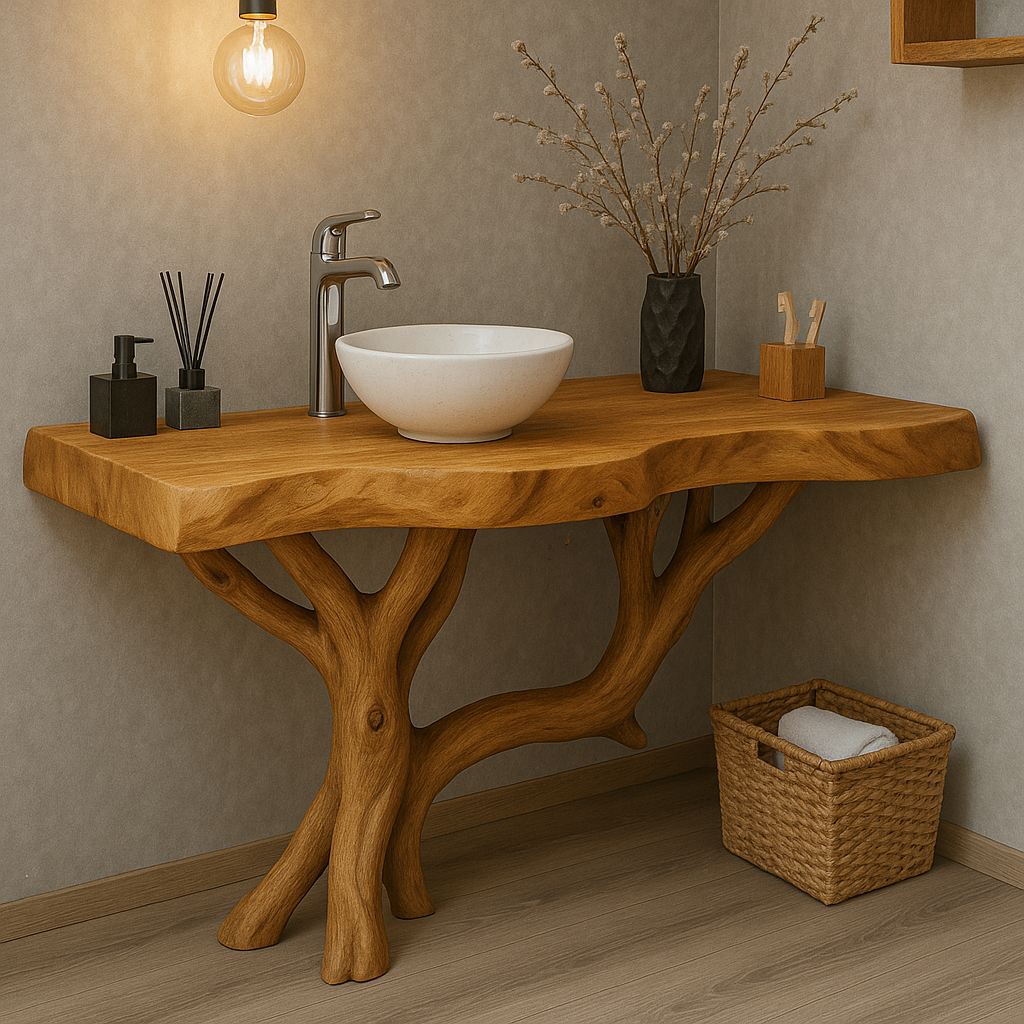 Handcrafted Solid Wood Bathroom Vanity – Organic Live Edge Design with Tree-Inspired Base Lynnsnail
