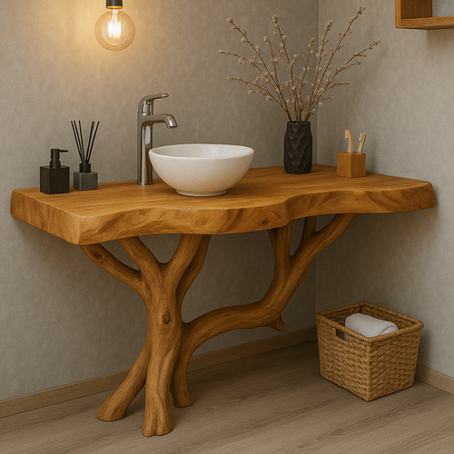 Handcrafted Solid Wood Bathroom Vanity – Organic Live Edge Design with Tree-Inspired Base Lynnsnail
