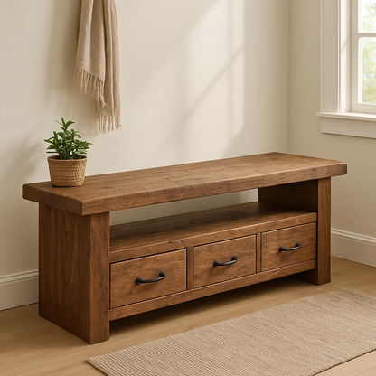 Handcrafted Solid Wood Bench – Rustic Entryway Storage Bench with 3 Drawers Lynnsnail