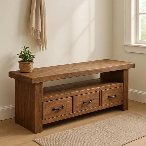 Handcrafted Solid Wood Bench – Rustic Entryway Storage Bench with 3 Drawers Lynnsnail