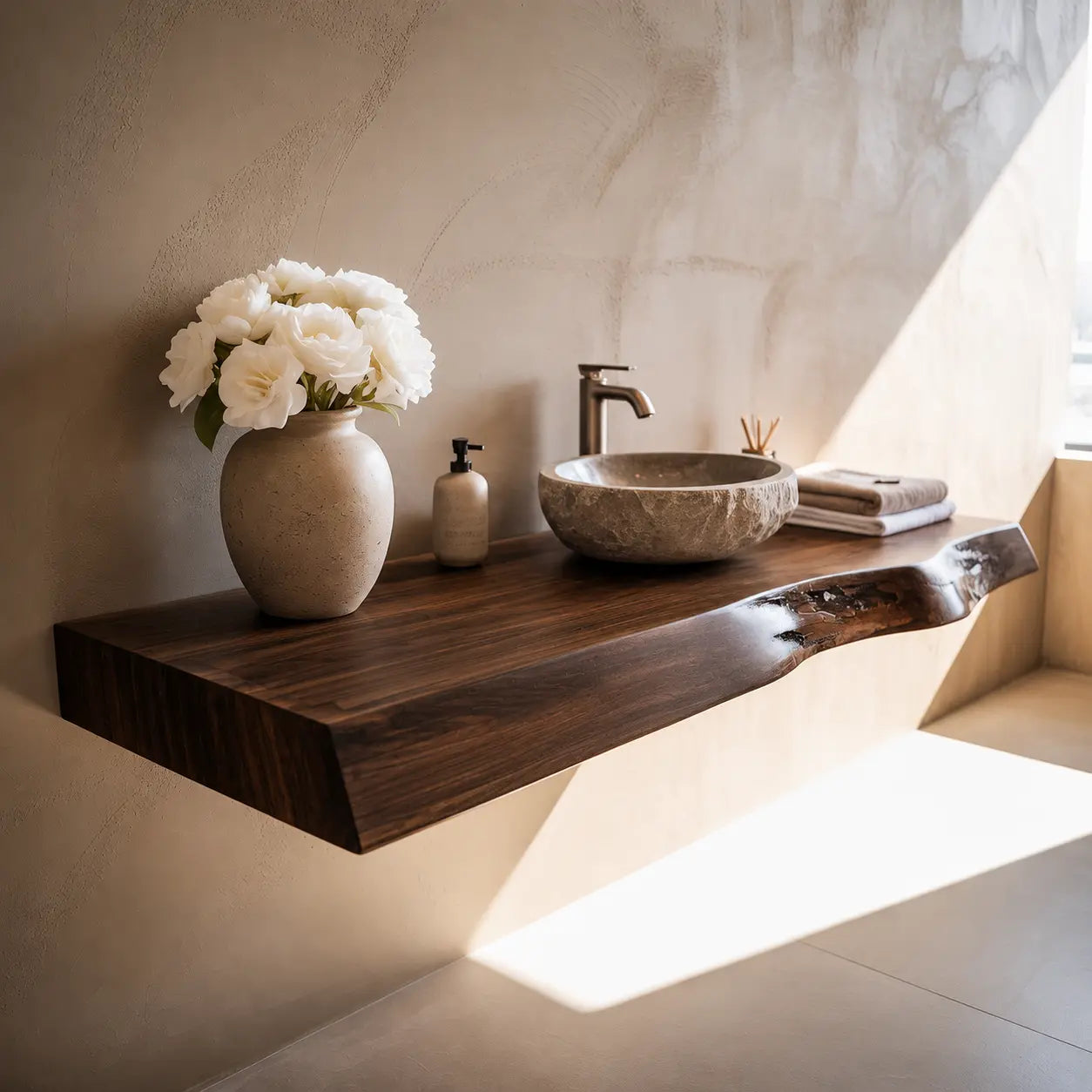 Live Edge Floating Vanity Shelf | Solid Wood Single Sink Bathroom Counter Lynnsnail