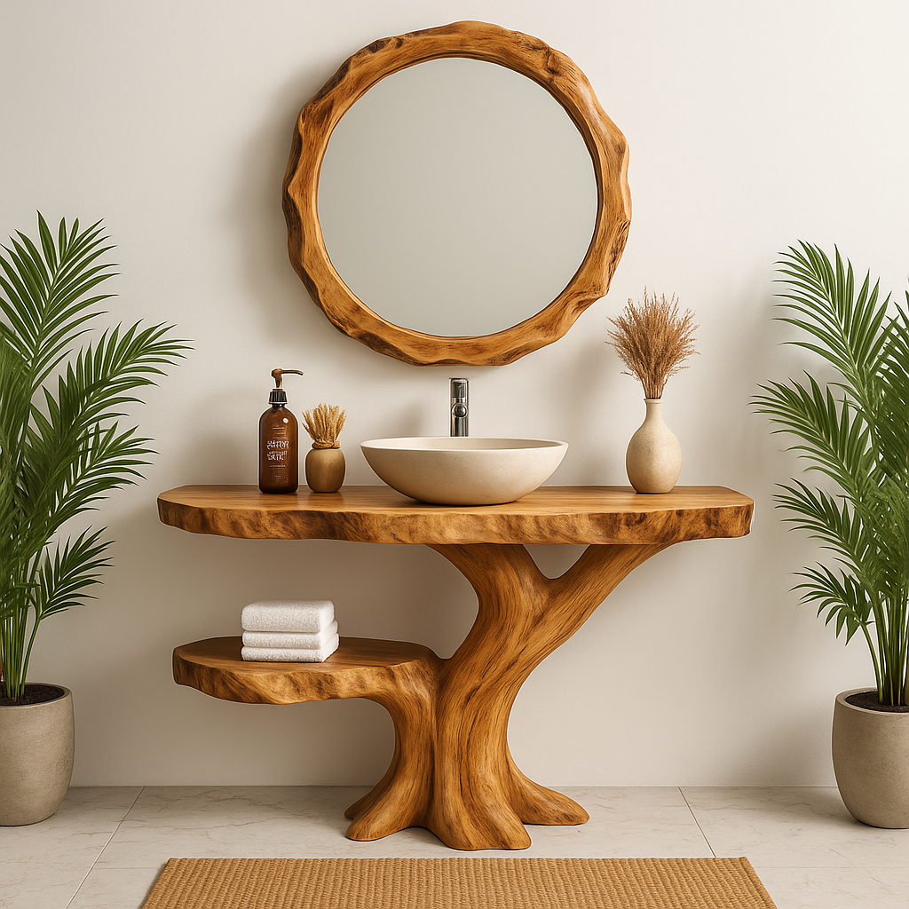 Handcrafted Solid Wood Bathroom Vanity – Organic Tree-Inspired Design with Round Mirror Lynnsnail