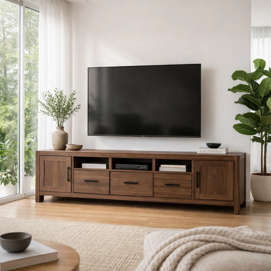 Solid Wood TV Cabinet with Drawers – Modern Walnut Media Console