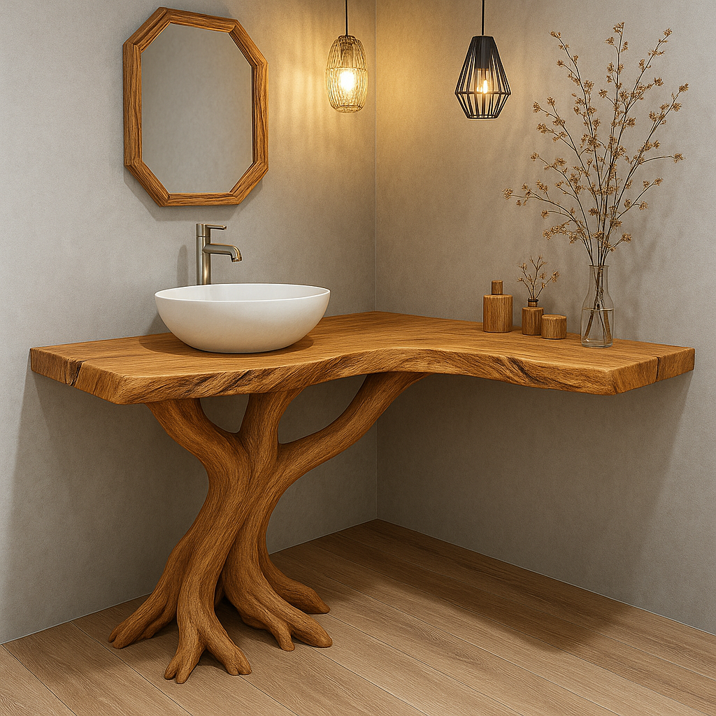 Handcrafted Solid Wood Bathroom Vanity – Sculptural Tree Root Base with Natural Live Edge Lynnsnail