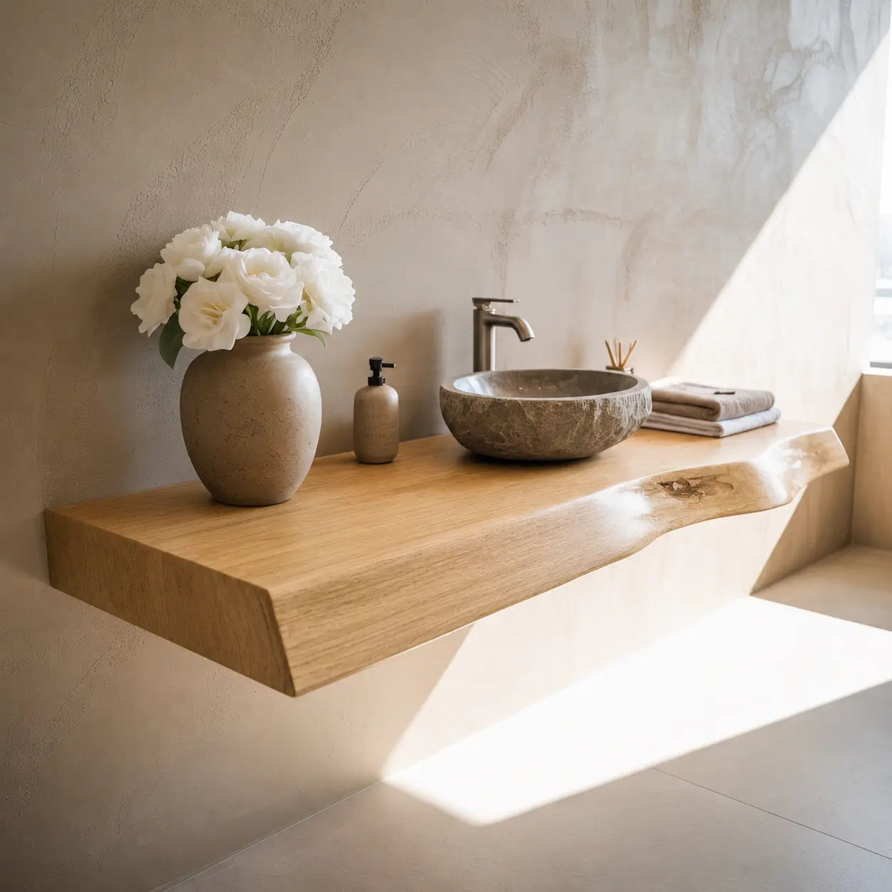 Live Edge Floating Vanity Shelf | Solid Wood Single Sink Bathroom Counter Lynnsnail