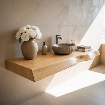 Live Edge Floating Vanity Shelf | Solid Wood Single Sink Bathroom Counter Lynnsnail