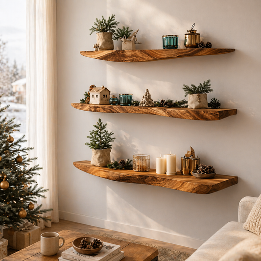 Solid Wood Floating Wall Shelf Live Edge Rustic Wall Mounted Display Shelf