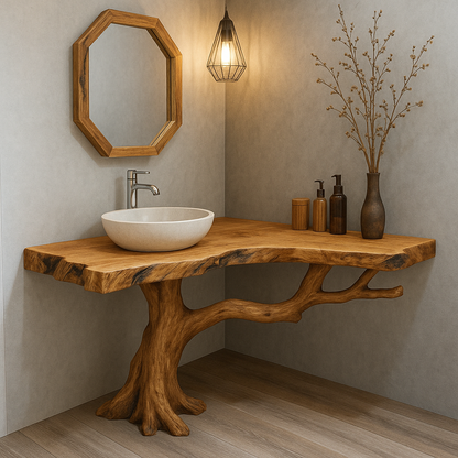 Handcrafted Solid Wood Bathroom Vanity – Organic Tree Branch Base with Live Edge Top Lynnsnail