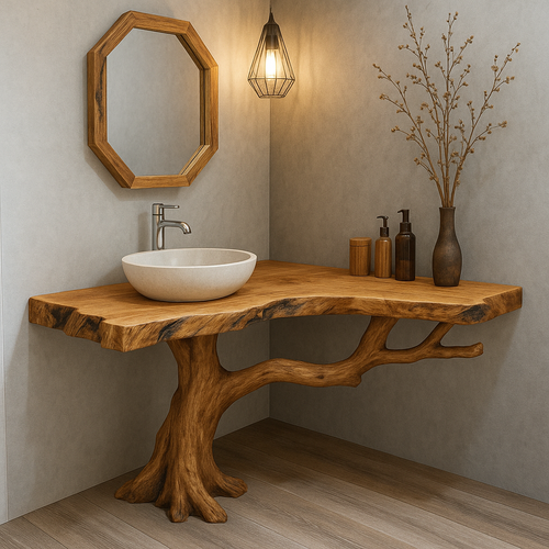 Handcrafted Solid Wood Bathroom Vanity – Organic Tree Branch Base with Live Edge Top Lynnsnail