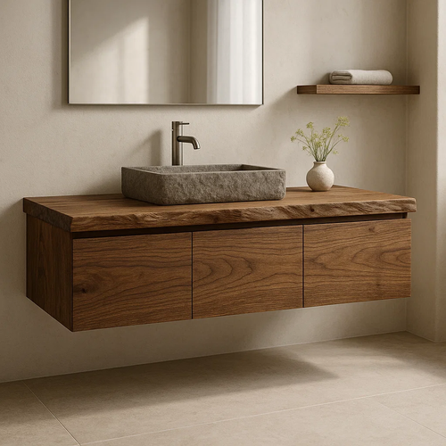 Handcrafted Solid Wood Floating Vanity - 3-Drawer Live Edge Walnut for Vessel Sink Lynnsnail