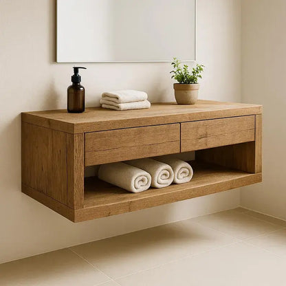 Handcrafted Solid Wood Floating Vanity – Rustic Oak Wall-Mounted Bathroom Cabinet with Drawers and Shelf Lynnsnail