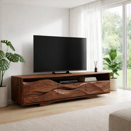 Solid Wood TV Cabinet with Wave Design – Modern Walnut Media Console