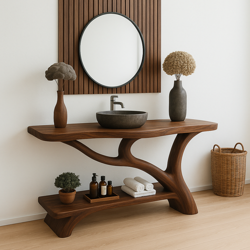 Handcrafted Solid Wood Bathroom Vanity – Organic Sculptural Design with Open Shelf Storage Lynnsnail
