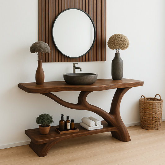 Handcrafted Solid Wood Bathroom Vanity – Organic Sculptural Design with Open Shelf Storage Lynnsnail