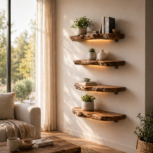 Solid Wood Floating Wall Shelf Rustic Live Edge Wall Mounted Shelf for Decor
