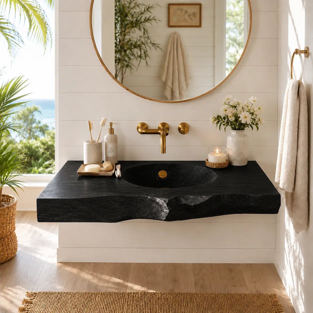 Live Edge Wood Sink Vanity | Solid Wood Floating Vanity with Carved Sink Lynnsnail