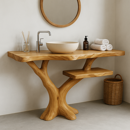 Handcrafted Solid Wood Bathroom Vanity – Natural Tree Form Design with Floating Shelf Lynnsnail