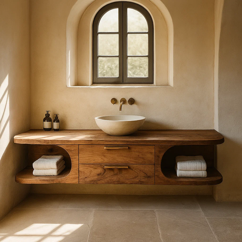 Handcrafted Solid Wood Floating Vanity - Organic Console with Curved Edges and Storage Nooks Lynnsnail