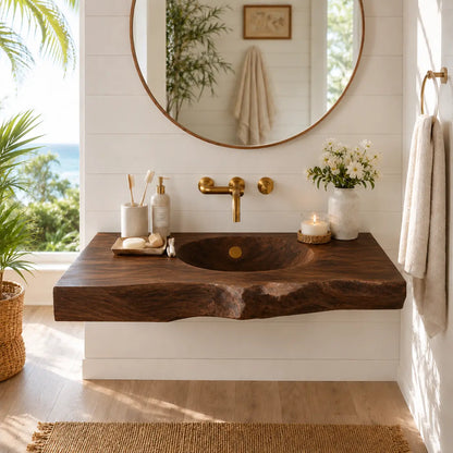 Live Edge Wood Sink Vanity | Solid Wood Floating Vanity with Carved Sink Lynnsnail