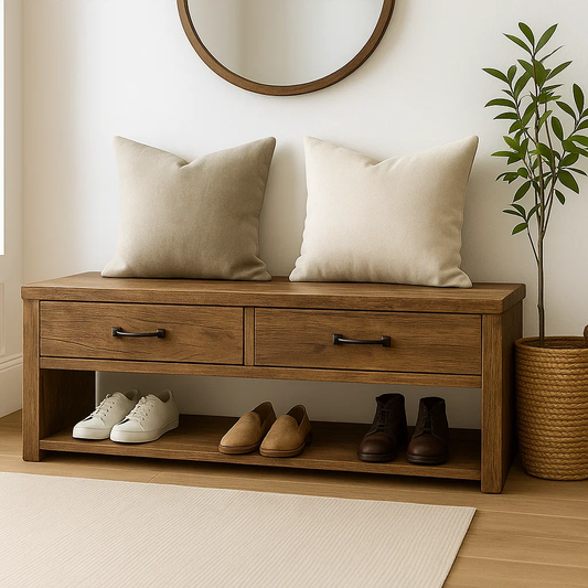 Handcrafted Solid Wood Bench – Rustic Walnut Entryway Shoe Bench with Drawers and Storage Shelf