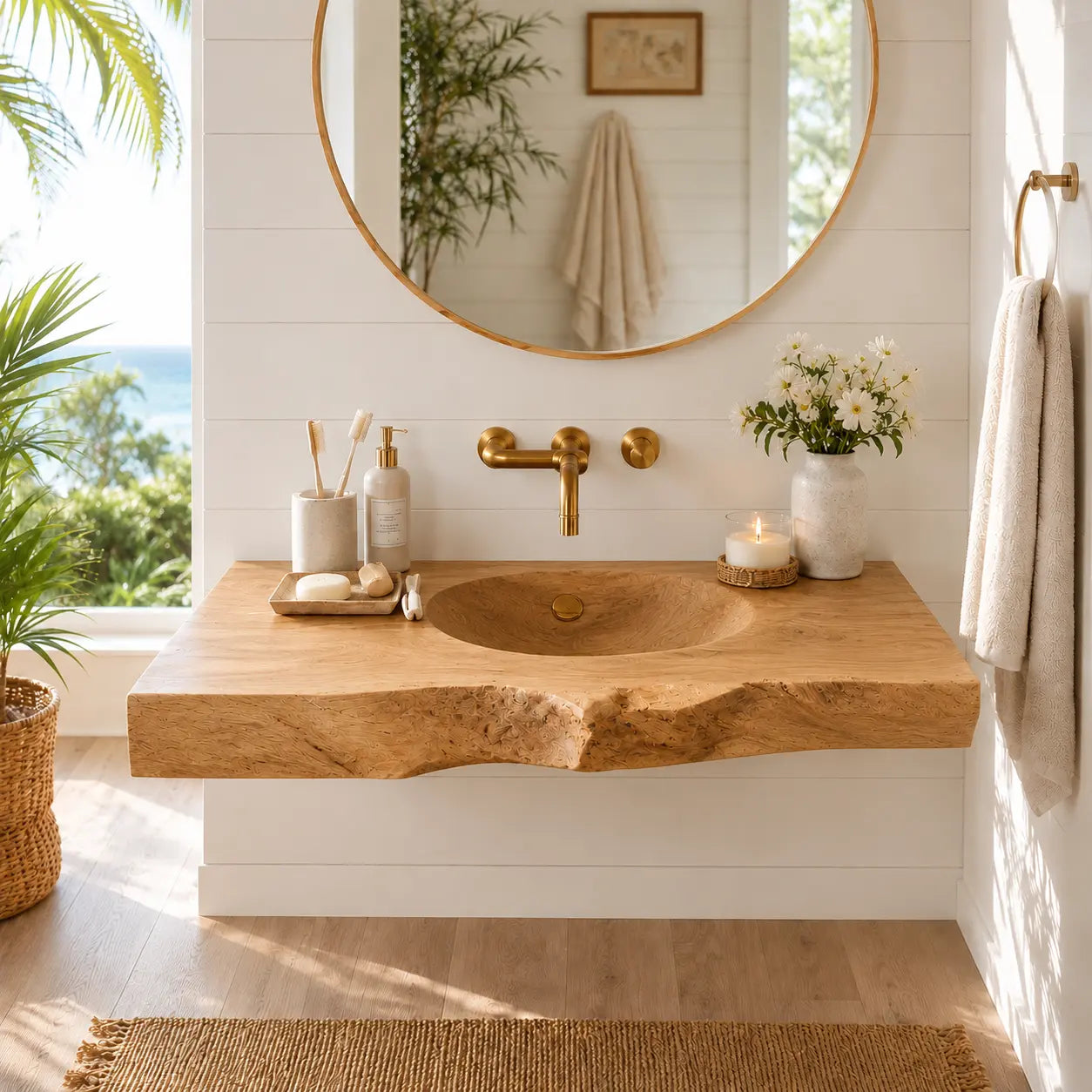 Live Edge Wood Sink Vanity | Solid Wood Floating Vanity with Carved Sink Lynnsnail