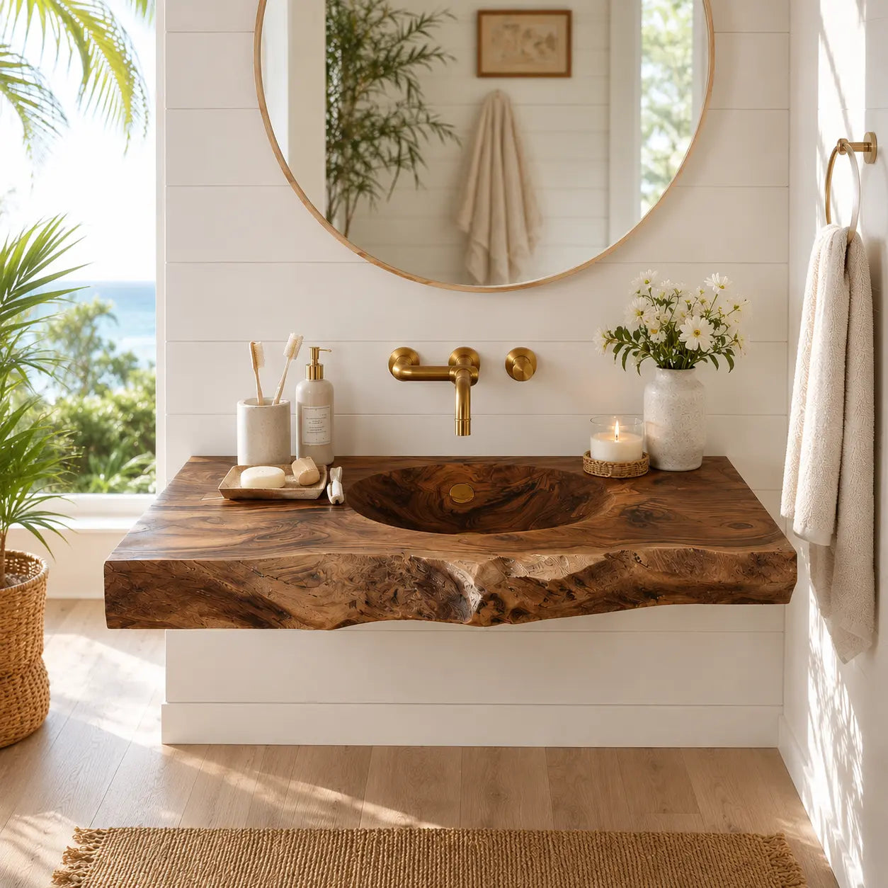 Live Edge Wood Sink Vanity | Solid Wood Floating Vanity with Carved Sink Lynnsnail