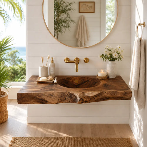 Live Edge Wood Sink Vanity | Solid Wood Floating Vanity with Carved Sink Lynnsnail