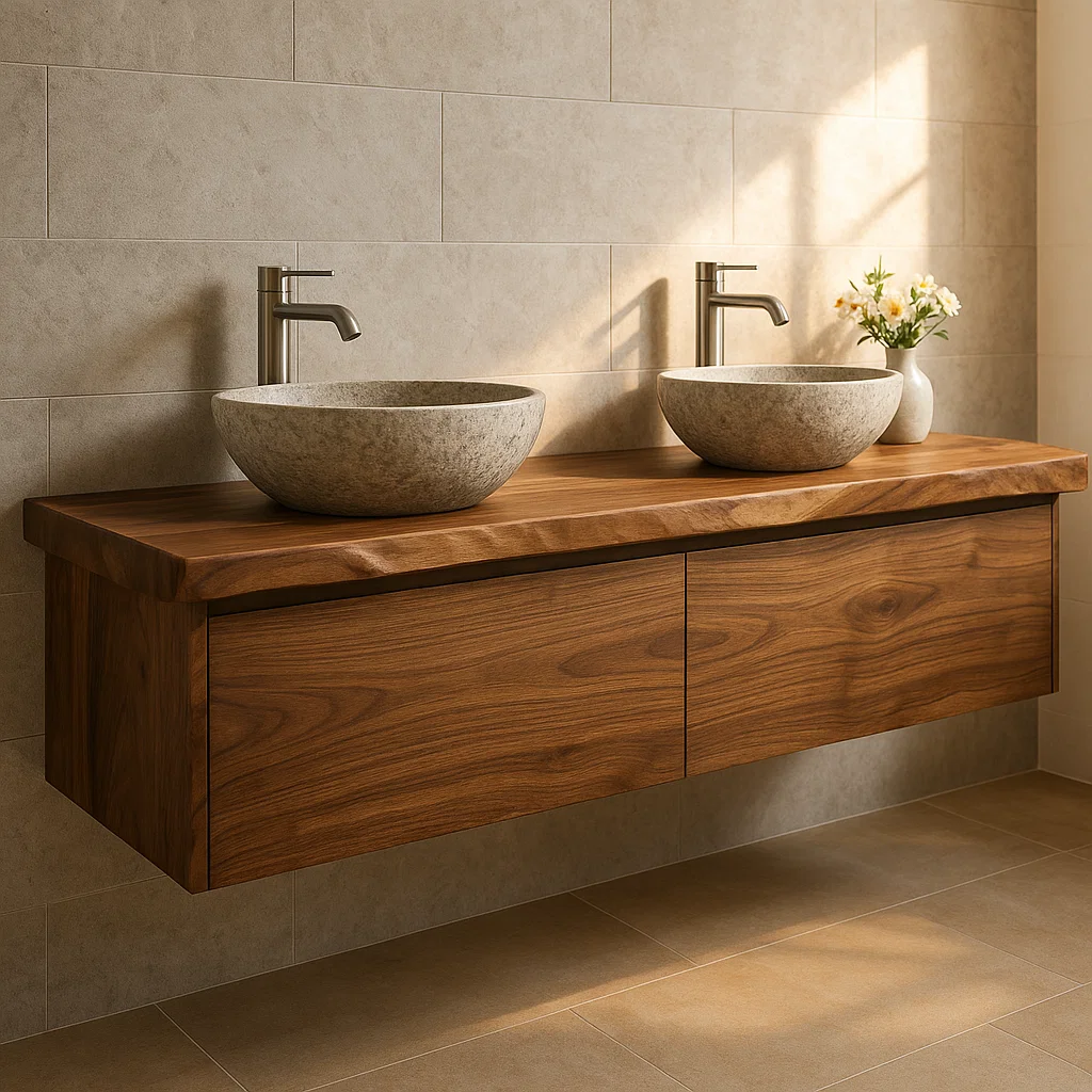 Handcrafted Solid Wood Floating Vanity - Double Sink Live Edge Walnut Console 2-Drawer Lynnsnail