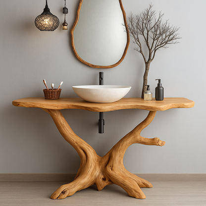 Handcrafted Solid Wood Bathroom Vanity – Organic Tree Root Design with Natural Live Edge Lynnsnail