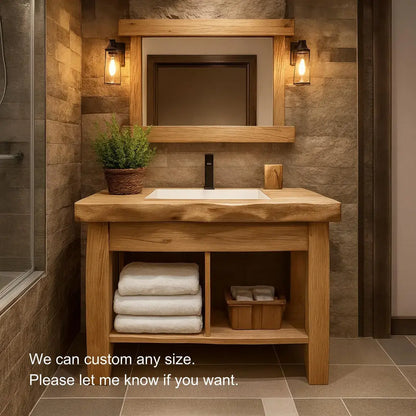 Handcrafted Solid Wood Bathroom Vanity with Natural Live Edge and Open Shelf Rustic Design Lynnsnail