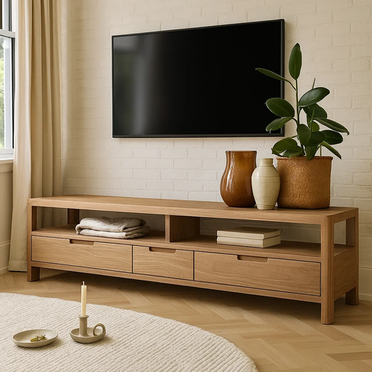 Handcrafted Solid Wood TV Stand with Drawers – Minimalist Entertainment Console Furniture