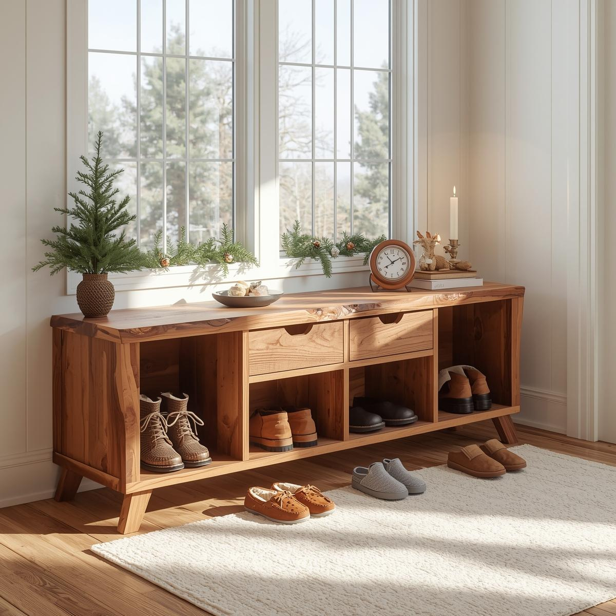 Handcrafted Solid Wood Entryway Bench – Rustic Bench for Natural Modern Home Décor Lynnsnail