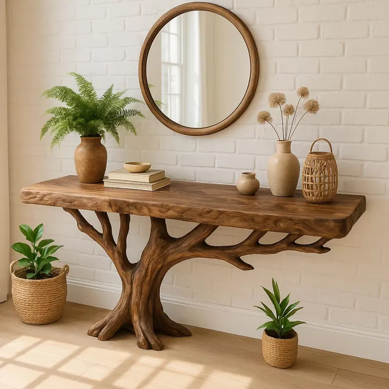 Handcrafted Solid Wood Console Table with Tree Trunk Base and Natural Live Edge Design Lynnsnail