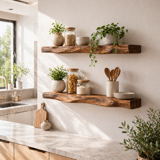 Solid Wood Floating Wall Shelf Rustic Live Edge Kitchen Wall Mounted Shelf