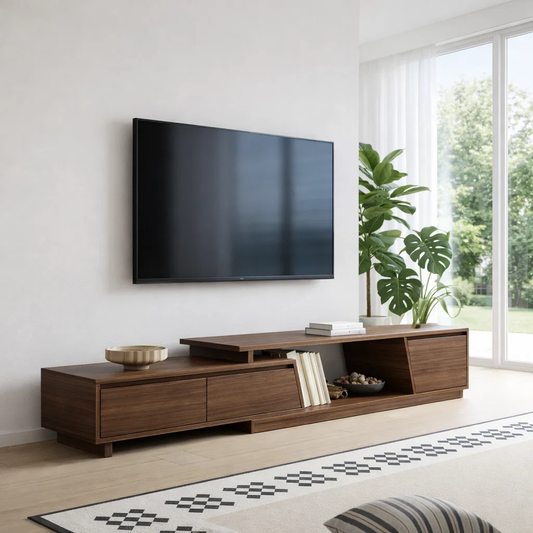 Solid Wood TV Cabinet Low Profile – Modern Walnut Media Console