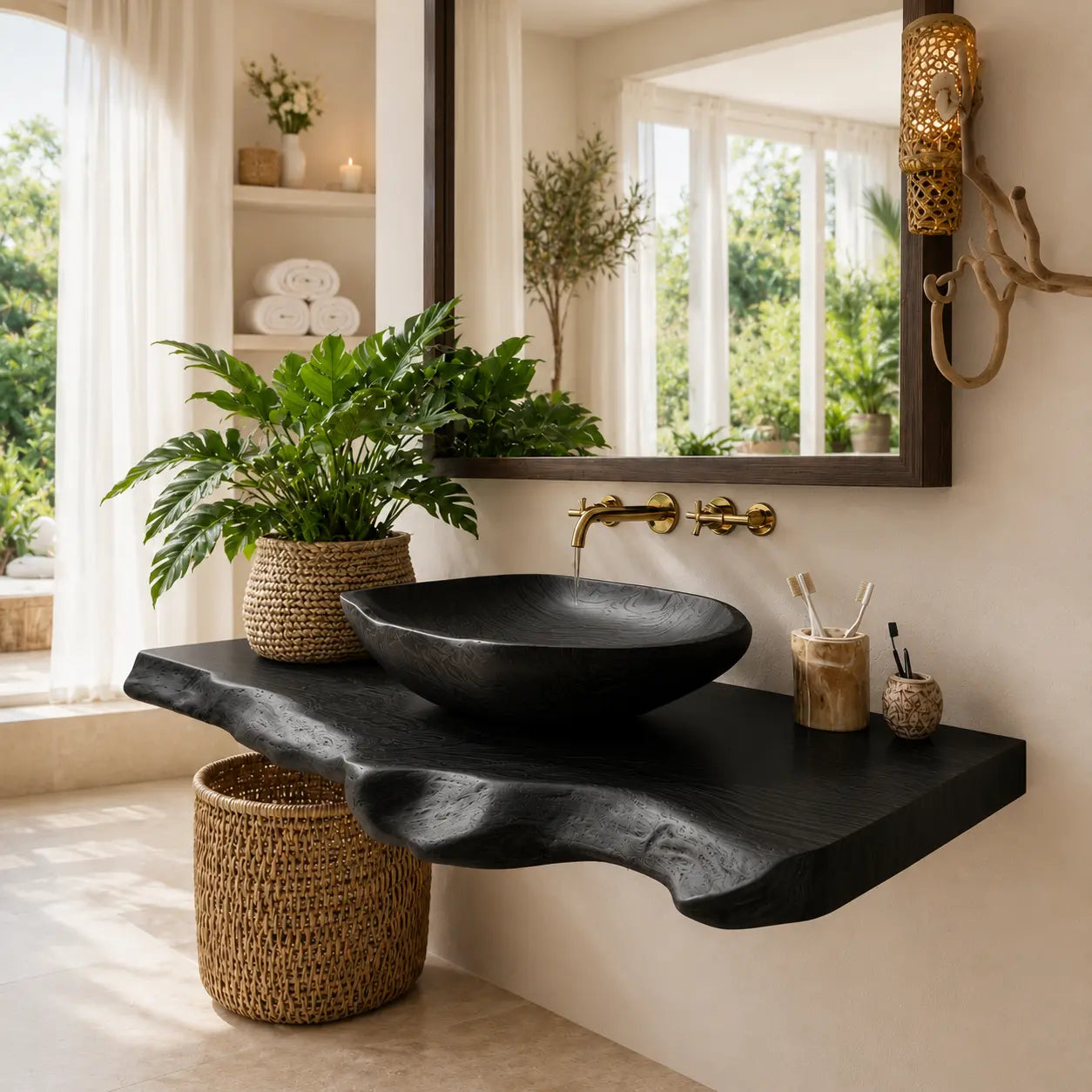 Live Edge Vanity with Wood Vessel Sink | Solid Wood Floating Bathroom Set Lynnsnail