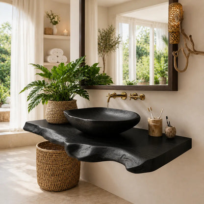 Live Edge Vanity with Wood Vessel Sink | Solid Wood Floating Bathroom Set Lynnsnail