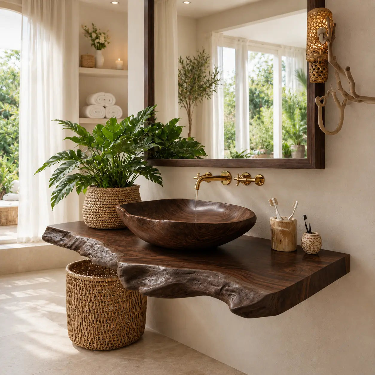 Live Edge Vanity with Wood Vessel Sink | Solid Wood Floating Bathroom Set Lynnsnail