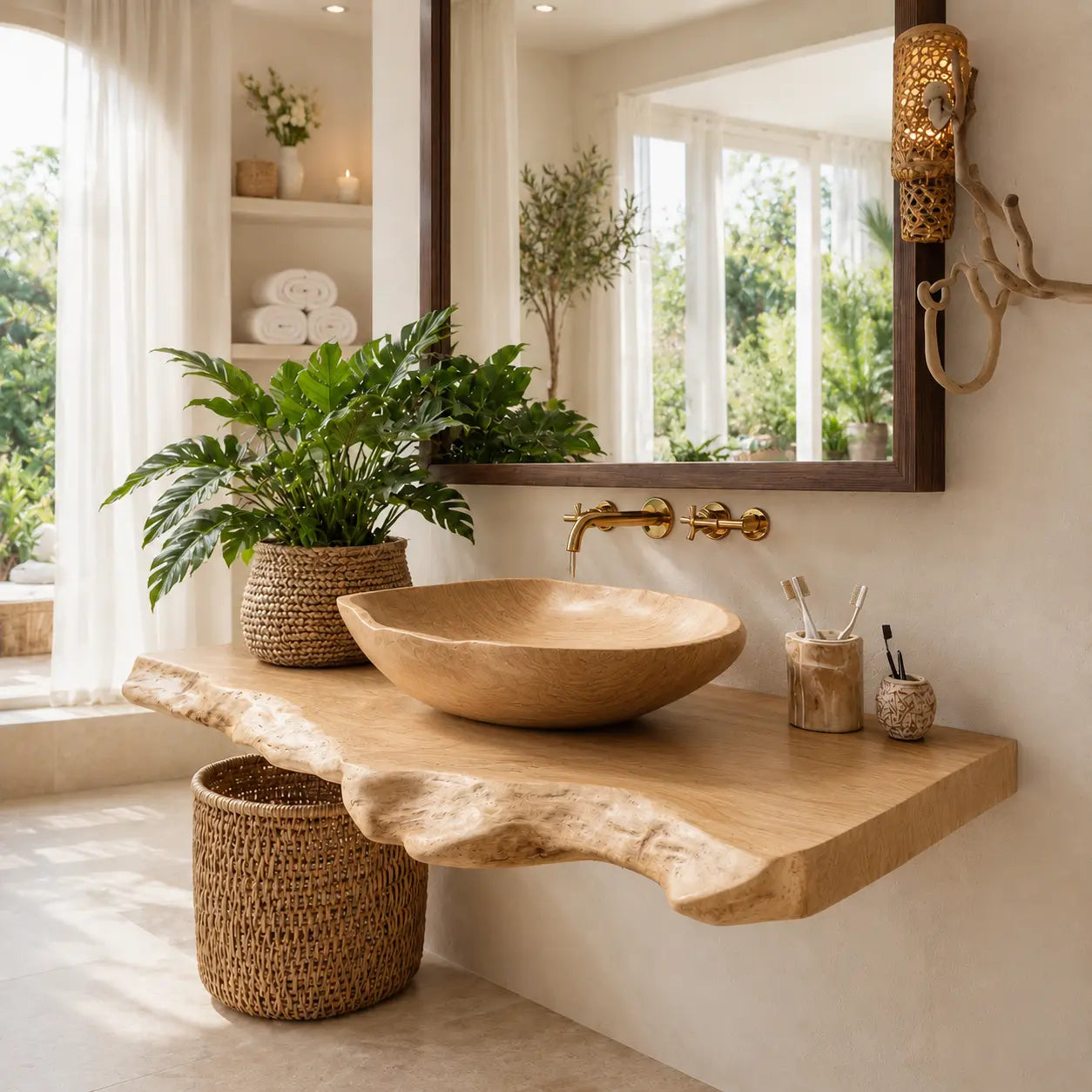 Live Edge Vanity with Wood Vessel Sink | Solid Wood Floating Bathroom Set Lynnsnail