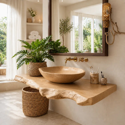 Live Edge Vanity with Wood Vessel Sink | Solid Wood Floating Bathroom Set Lynnsnail