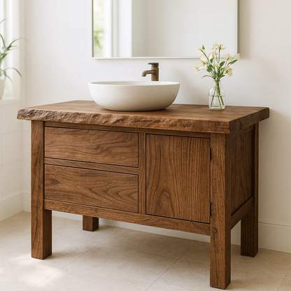 Handcrafted Solid Wood Bathroom Vanity - Live Edge Top, 2 Drawers & Single Door Cabinet Lynnsnail