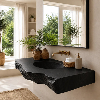 Live Edge Carved Sink Vanity | Thick Slab Solid Wood Floating Bathroom Lynnsnail