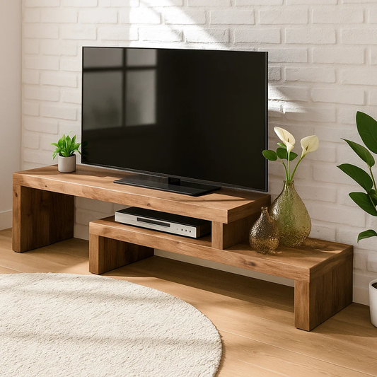 Handcrafted Solid Wood TV Stand – Modern Zen Media Console with Asymmetrical Two-Level Design and Natural Finish Lynnsnail