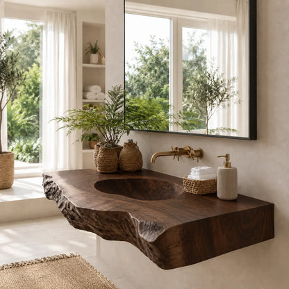 Live Edge Carved Sink Vanity | Thick Slab Solid Wood Floating Bathroom Lynnsnail
