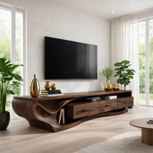 Solid Wood TV Cabinet with Curved Base – Modern Oak Media Console