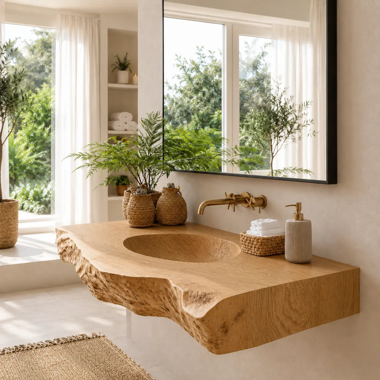 Live Edge Carved Sink Vanity | Thick Slab Solid Wood Floating Bathroom Lynnsnail