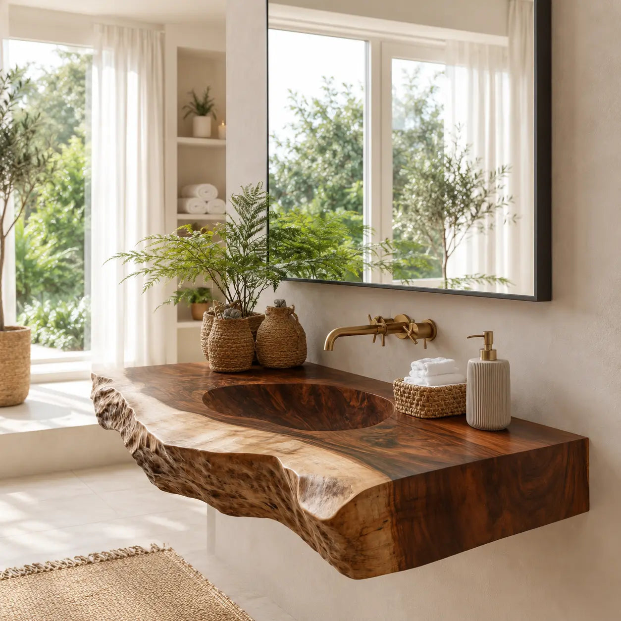 Live Edge Carved Sink Vanity | Thick Slab Solid Wood Floating Bathroom Lynnsnail