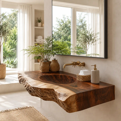 Live Edge Carved Sink Vanity | Thick Slab Solid Wood Floating Bathroom Lynnsnail